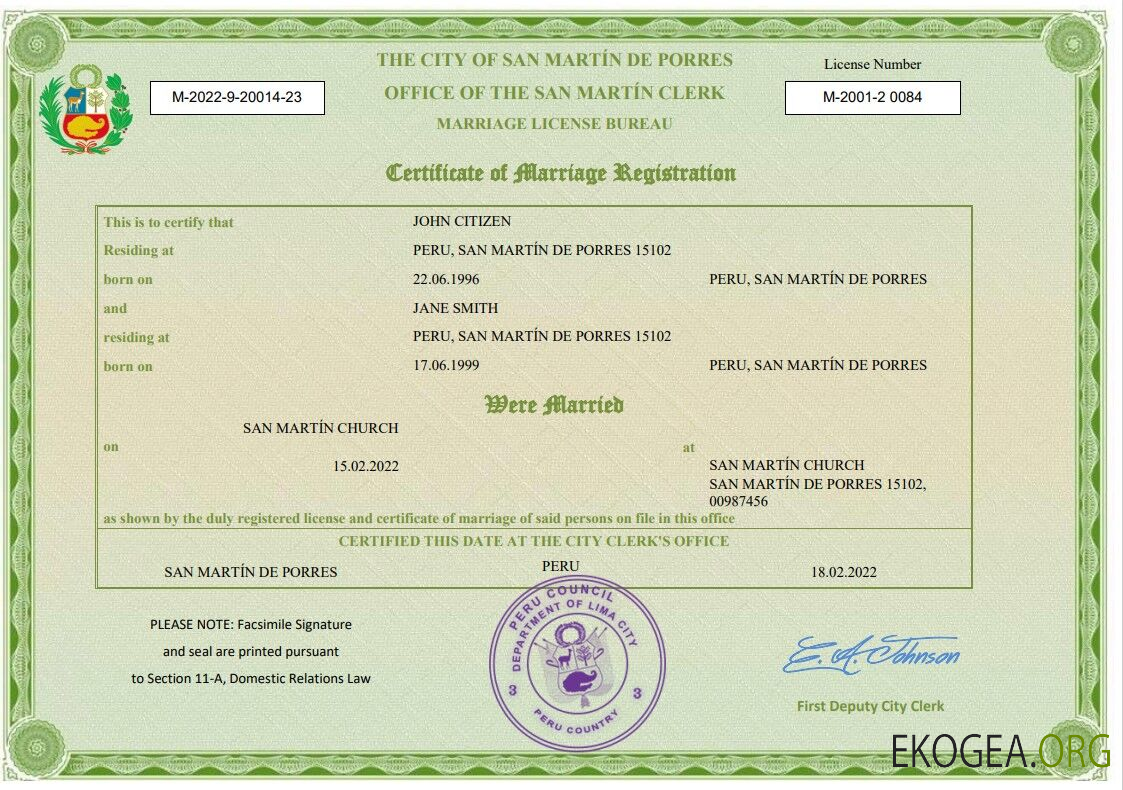 Modèle Word et PDF de certificat de mariage au Pérou